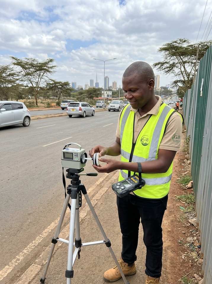 G&B Environmental Consultancy conducting air quality monitoring with roadside equipment during an environmental assessment in Kenya