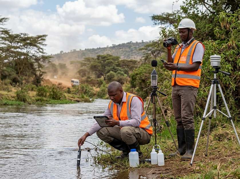 G&B environmental team collecting water samples at a riverside with specialised equipment during an environmental assessment in Kenya