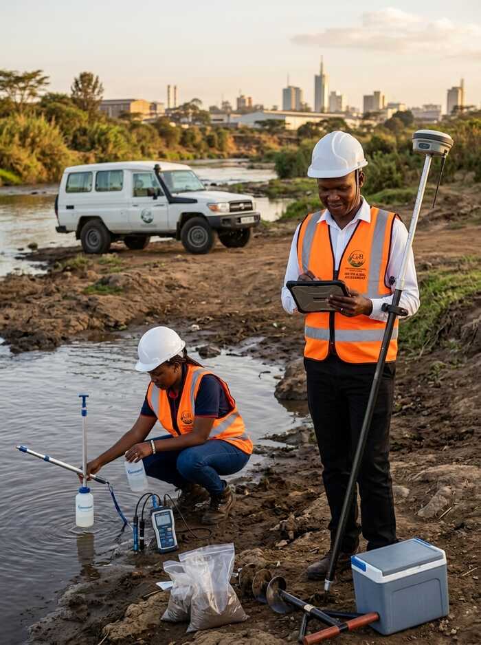 G&B environmental team collecting river water samples with GPS survey equipment during an environmental impact assessment in Kenya