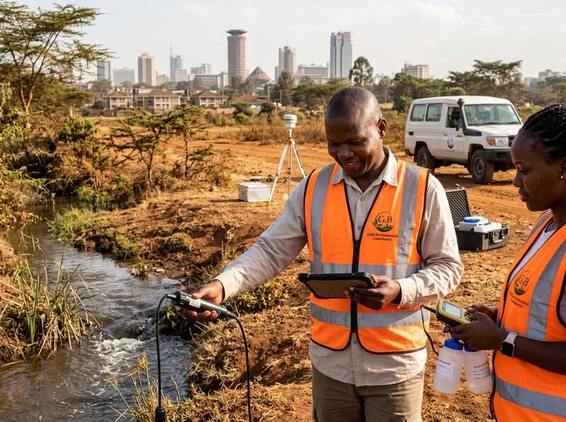 G&B Environmental Consultancy conducting river water quality testing in Nairobi during an environmental assessment in Kenya
