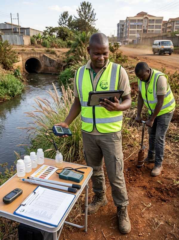 G&B Environmental Consultancy using a water quality field test kit during site environmental monitoring in Kenya