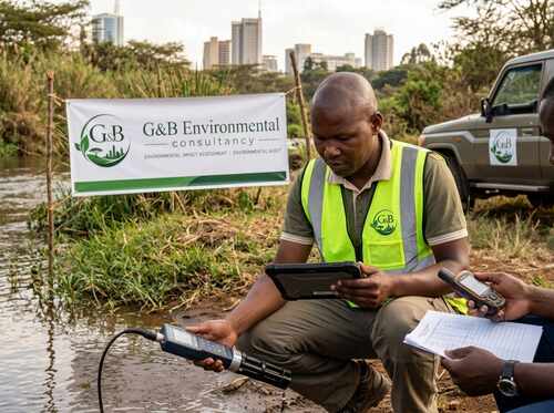 G&B Environmental Consultancy water testing at a site during an environmental assessment in Kenya